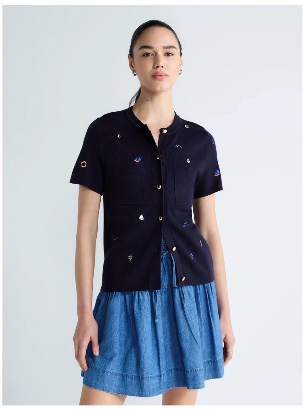 Free Assembly Women’s Embroidered Cardigan Sweater with Short Sleeves